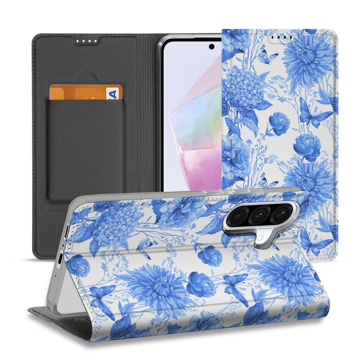 Samsung Galaxy A56 A36 Smart Cover Flowers Blue voorkant achterkant