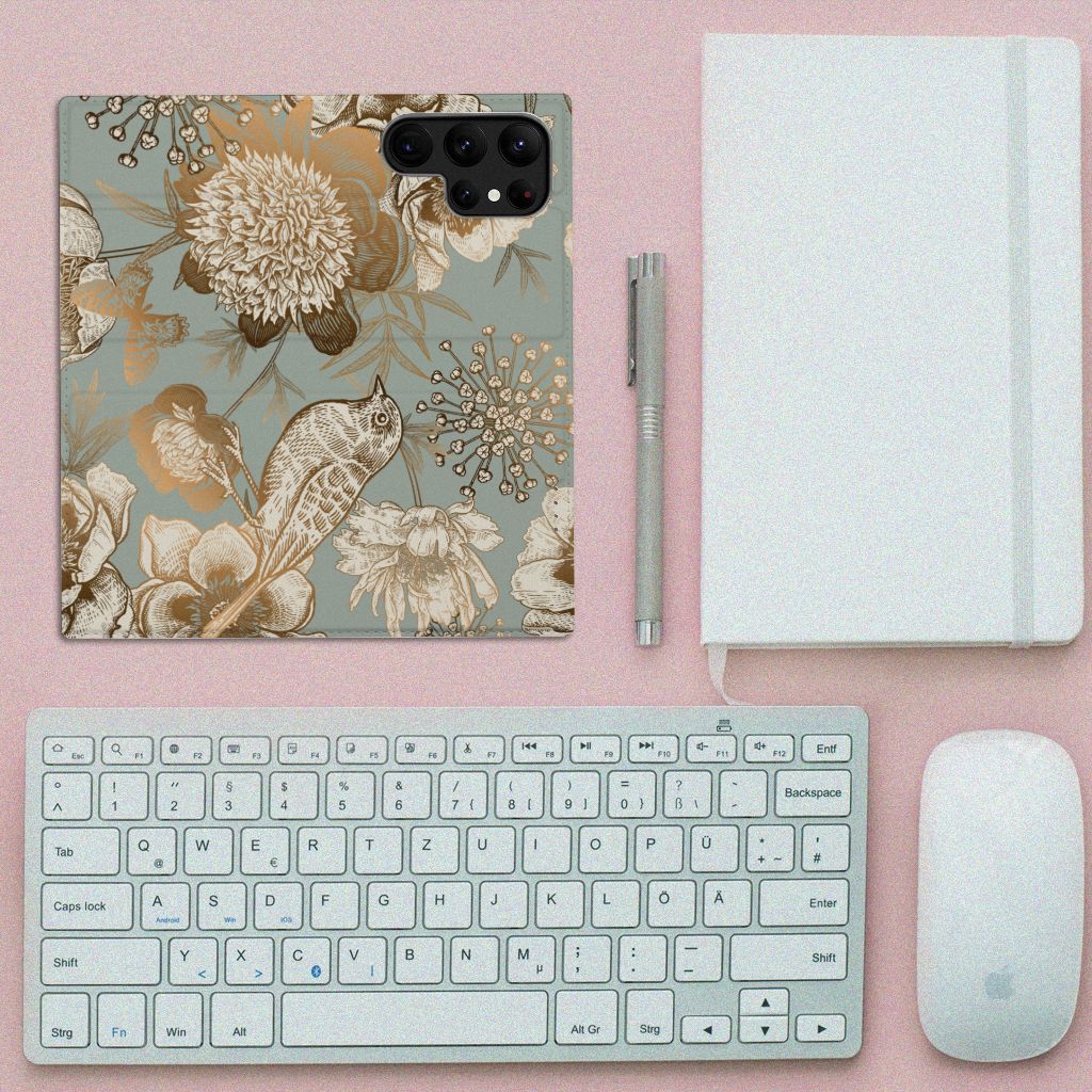 Samsung Galaxy S23 Ultra Smart Cover Vintage Bird Flowers bovenaanzicht