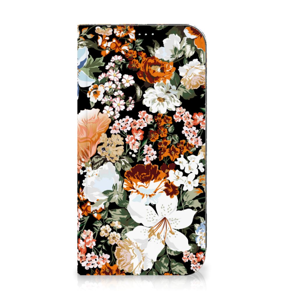 Smart Cover voor iPhone 15 Plus Dark Flowers met kleurrijke bloemen op een zwarte achtergrond đ¸