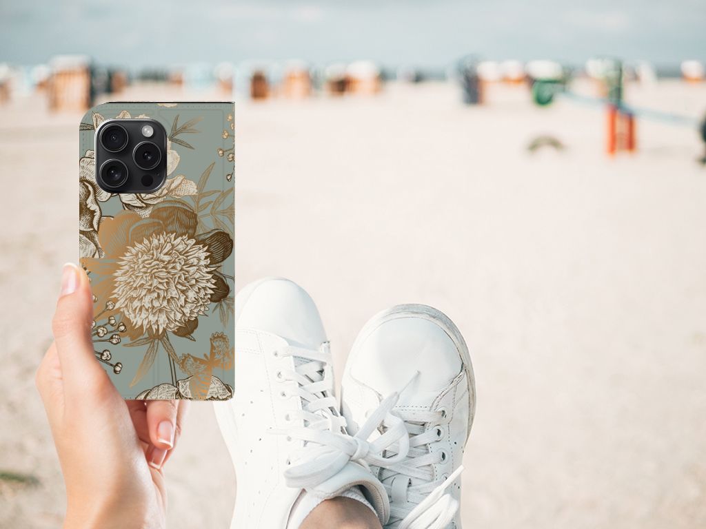 Smart Cover voor iPhone 15 Pro Vintage Bird Flowers design handschoenen strand