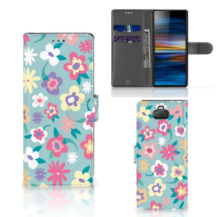 Sony Xperia 10 Hoesje Flower Power bloemen design vooraan aanzicht zij aanzicht