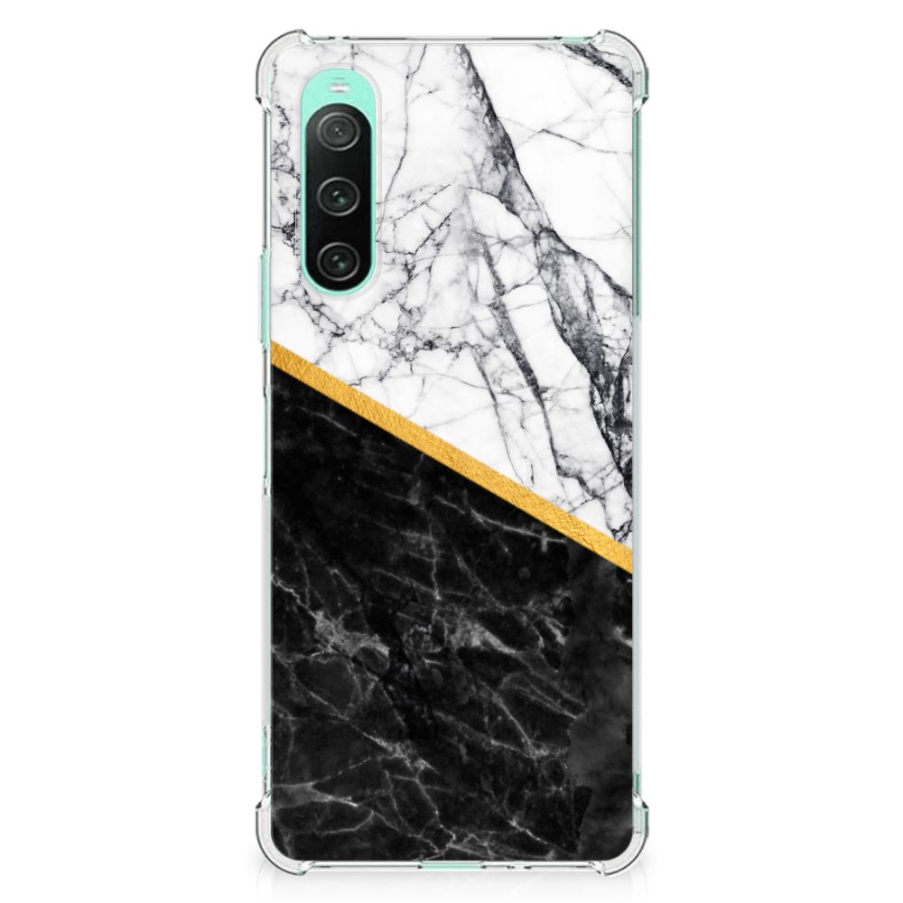 Sony Xperia 10 V Anti-Shock Hoesje Marmer Wit Zwart voorkant design marmer