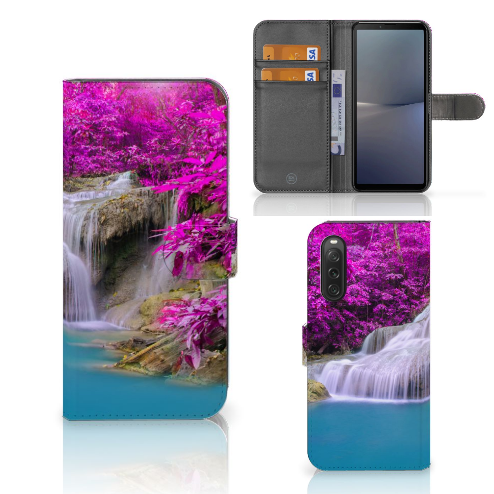 Sony Xperia 10 V Flip Cover Waterval design waterval paarse bomen aanzicht