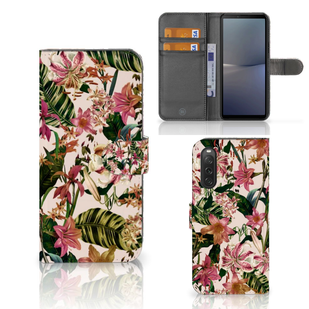 Sony Xperia 10 V Hoesje Flowers hoesje bloemen tropisch design aanzicht