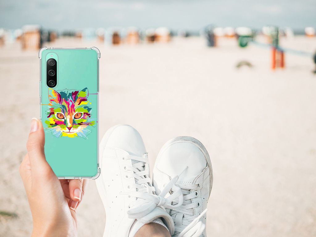 Sony Xperia 10 V Stevig Bumper Hoesje Cat Color kat design strand aanzicht