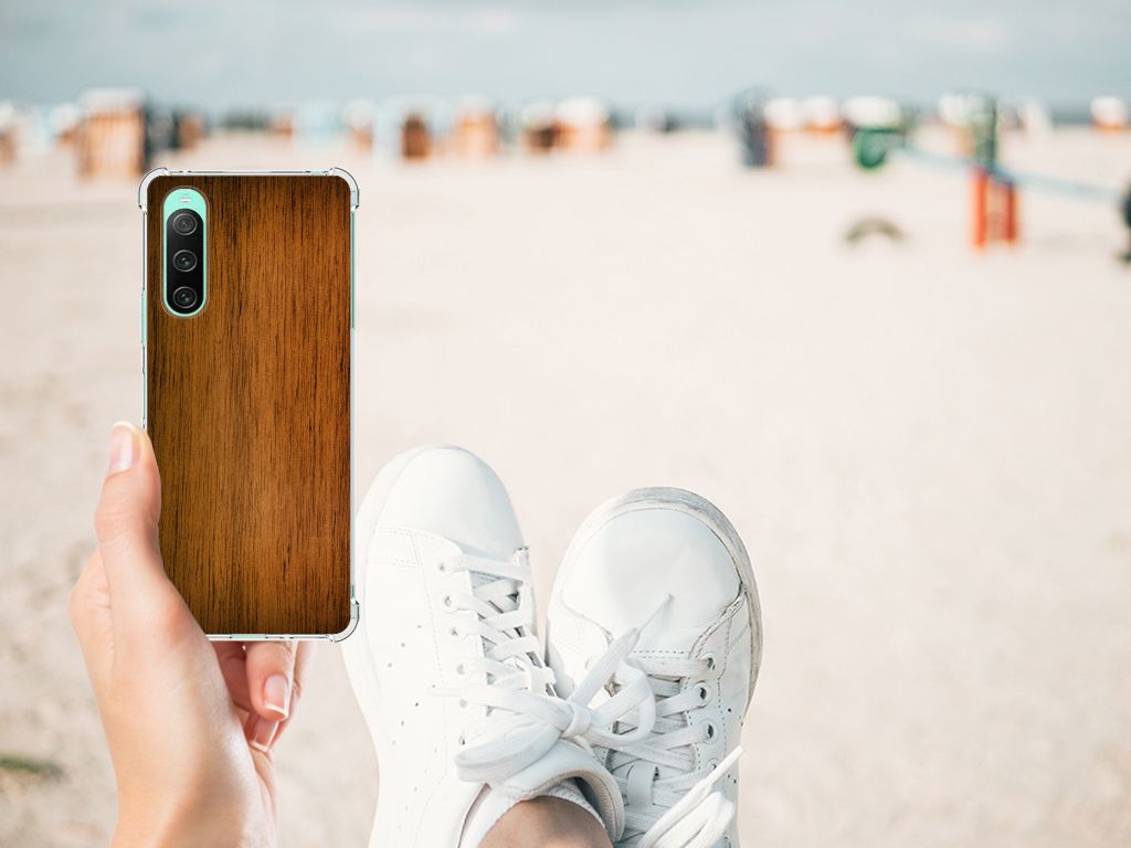 Sony Xperia 10 V Stevig Telefoonhoesje Donker Hout telefoonhoesje donker hout aanzicht