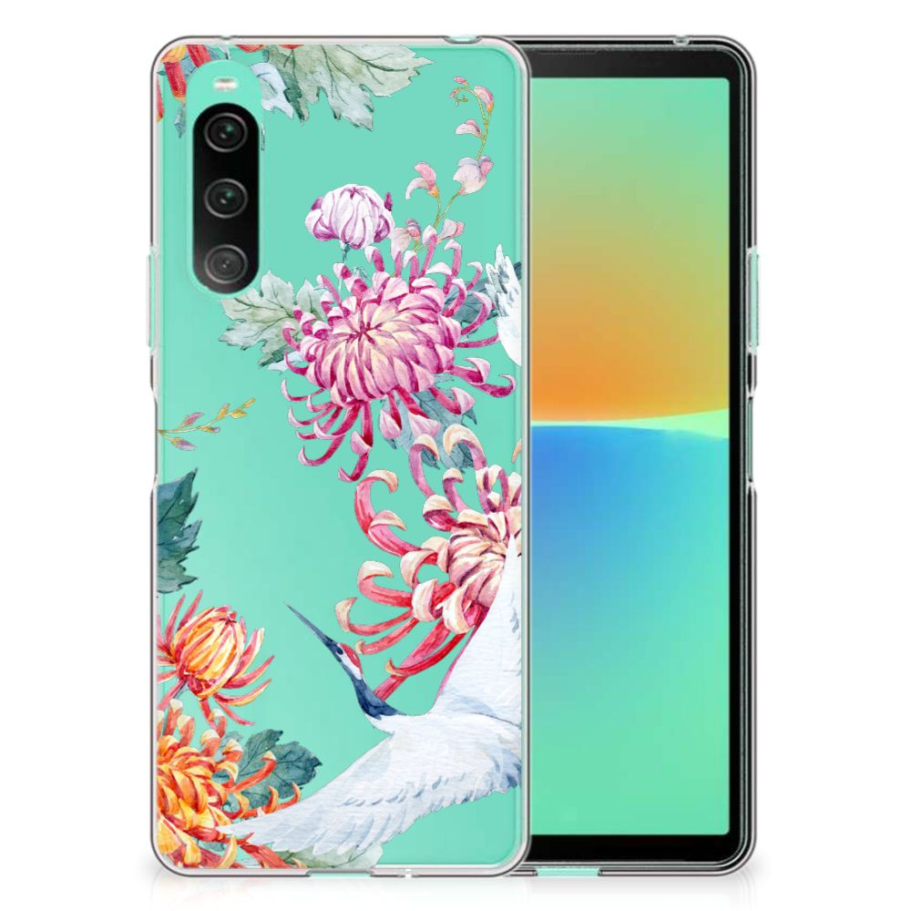 Sony Xperia 10 V TPU Hoesje Bird Flowers bloemen ooievaar design voorkant