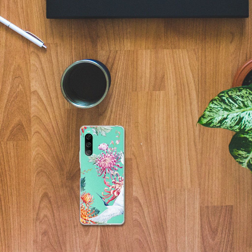 Sony Xperia 10 V TPU Hoesje Bird Flowers bloemen ontwerp bovenaanzicht