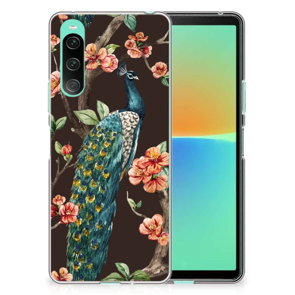 Sony Xperia 10 V TPU Hoesje Pauw met Bloemen design pauw bloemen aanzicht