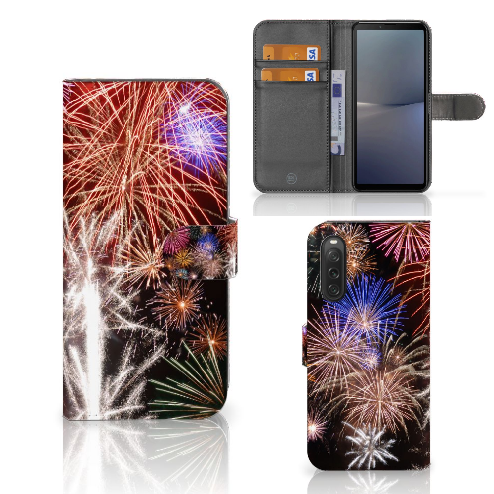 Sony Xperia 10 V Wallet Case met Pasjes Vuurwerk design vuurwerk vooraanzicht achterkant