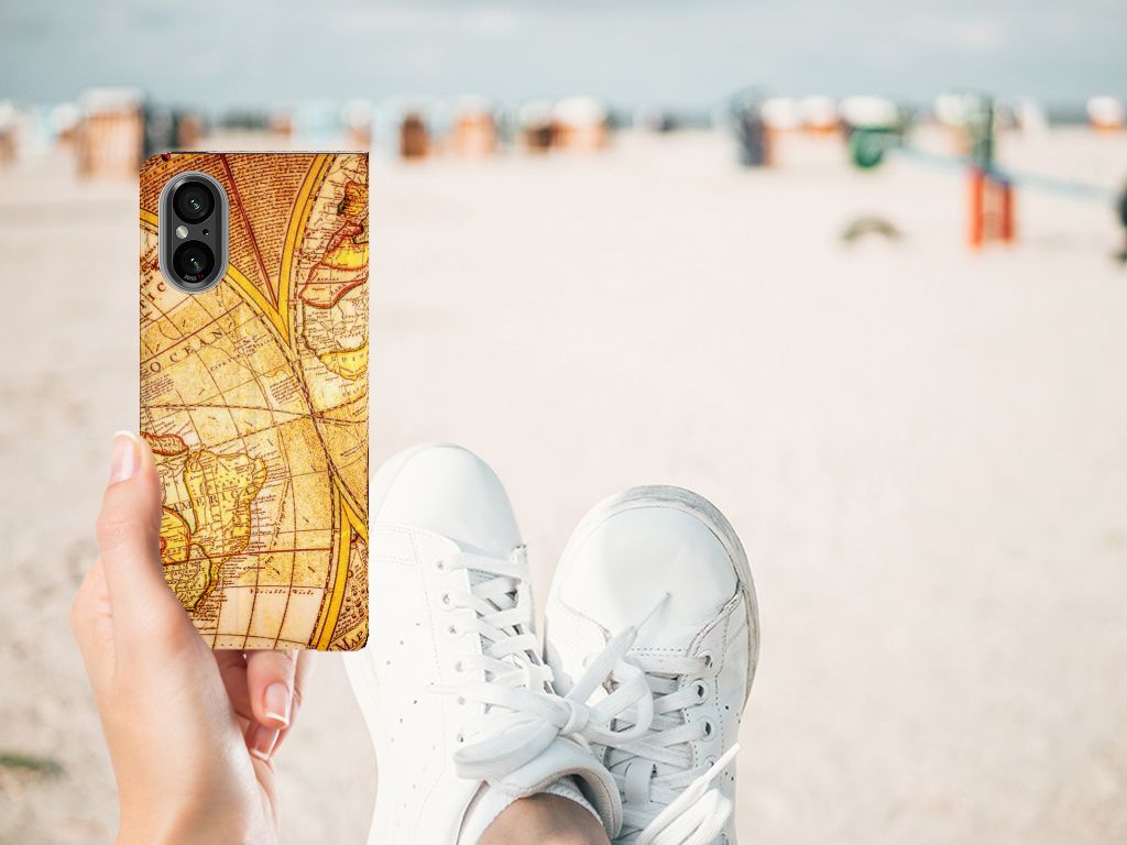 Sony Xperia 5 V Book Cover Kompas wereldkaart aanzicht