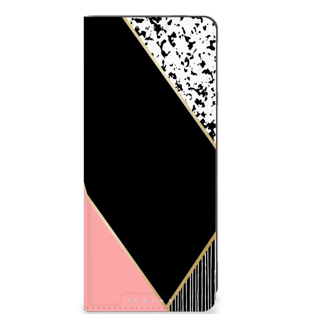 Sony Xperia 5 V Stand Case Zwart Roze Vormen design zwart roze geometrisch
