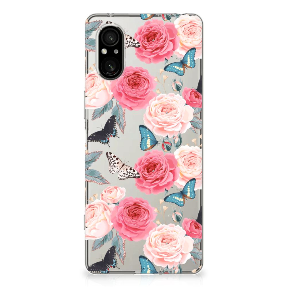 Sony Xperia 5 V TPU Case Butterfly Roses achterzijde ontwerp met vlinders en rozen
