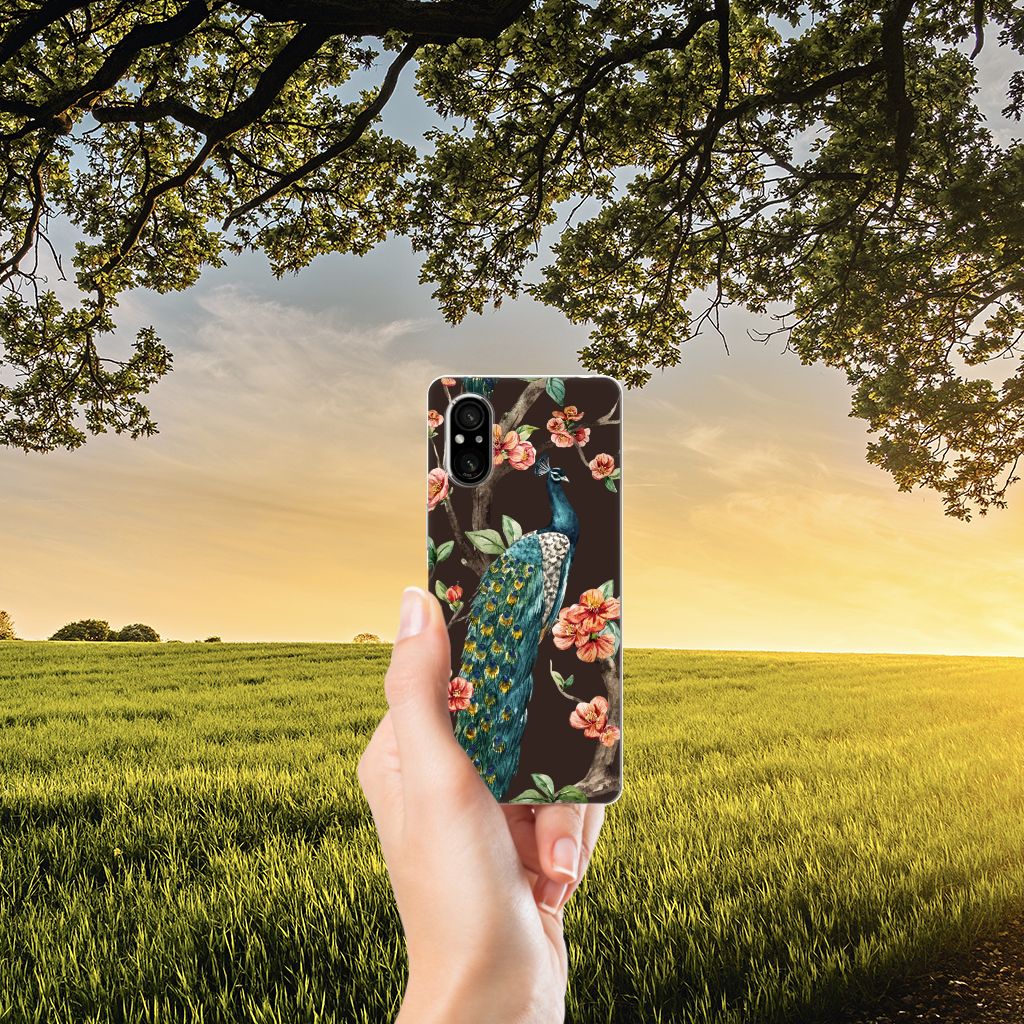 Sony Xperia 5 V TPU Hoesje Pauw met Bloemen TPU hoesje pauw bloemen hand landschap
