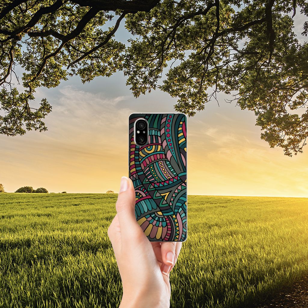 Sony Xperia 5 V TPU bumper Aztec kunstzinnig ontwerp hand landschap