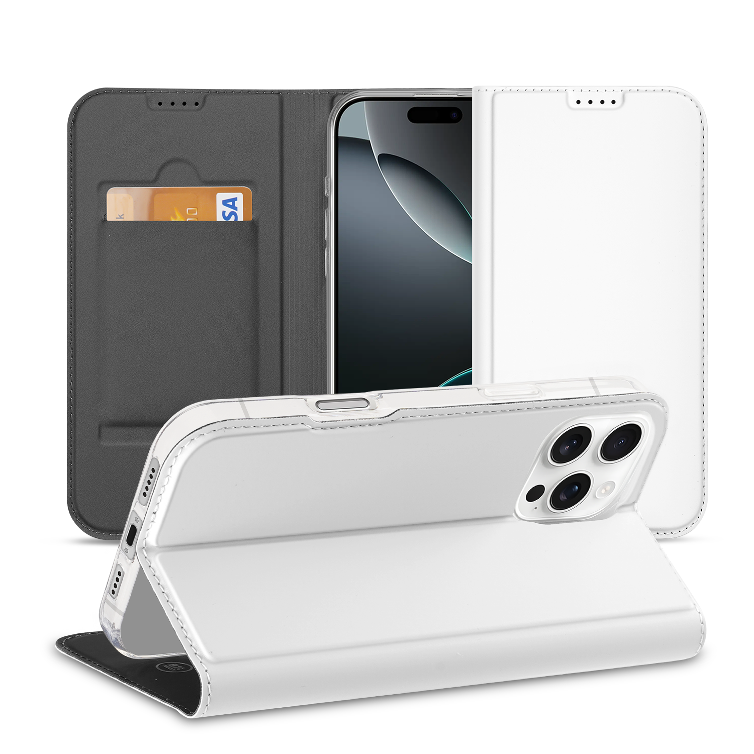 iPhone 16 Pro Stand Case Hoesje Wit Pashouder voorkant open