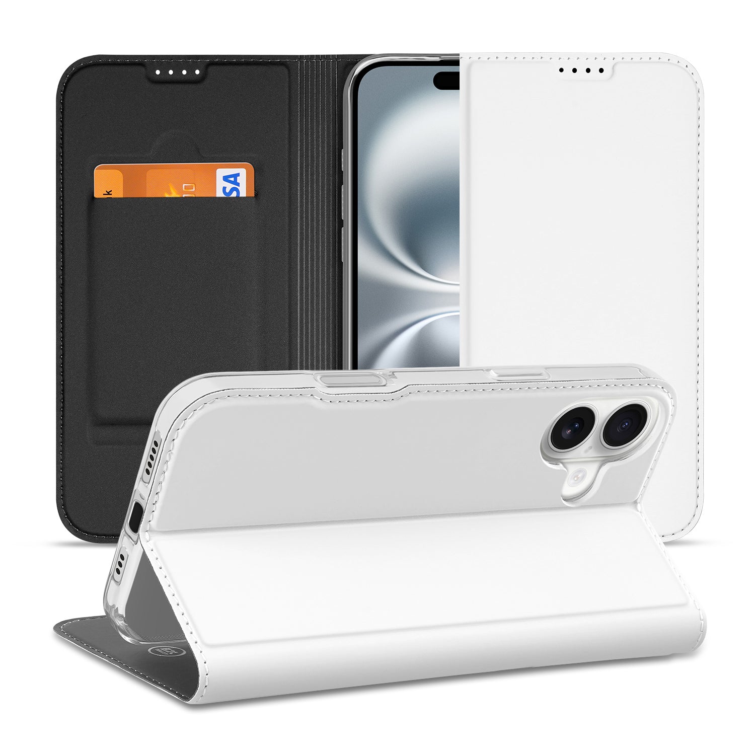 Stand Case Hoesje iPhone 16 Wit met Pashouder designnaam aanzicht