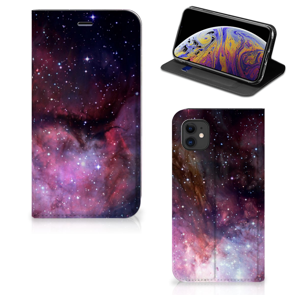 Apple iPhone 11 Stand Case Galaxy design voorzijde en achterzijde met sterren en ruimte aanzicht