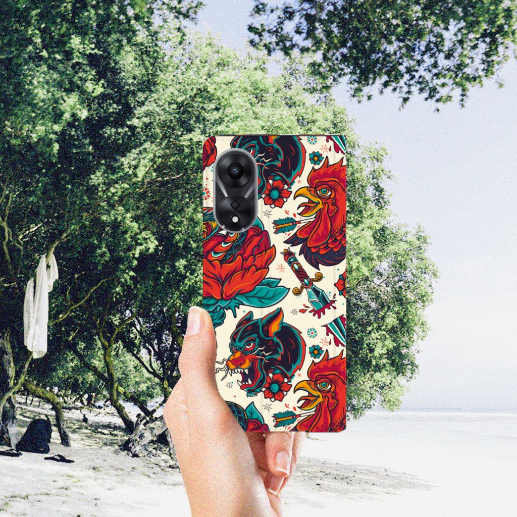 Stand Case voor OPPO A78 | A58 5G Old Skool vintage tattoo design hand strand