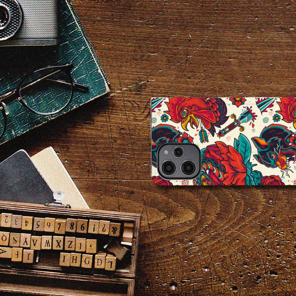 Stand Case voor Xiaomi Redmi 12 4G Old Skool met vintage tattoo design, perfect cadeau voor gebruiksgemak en bescherming.