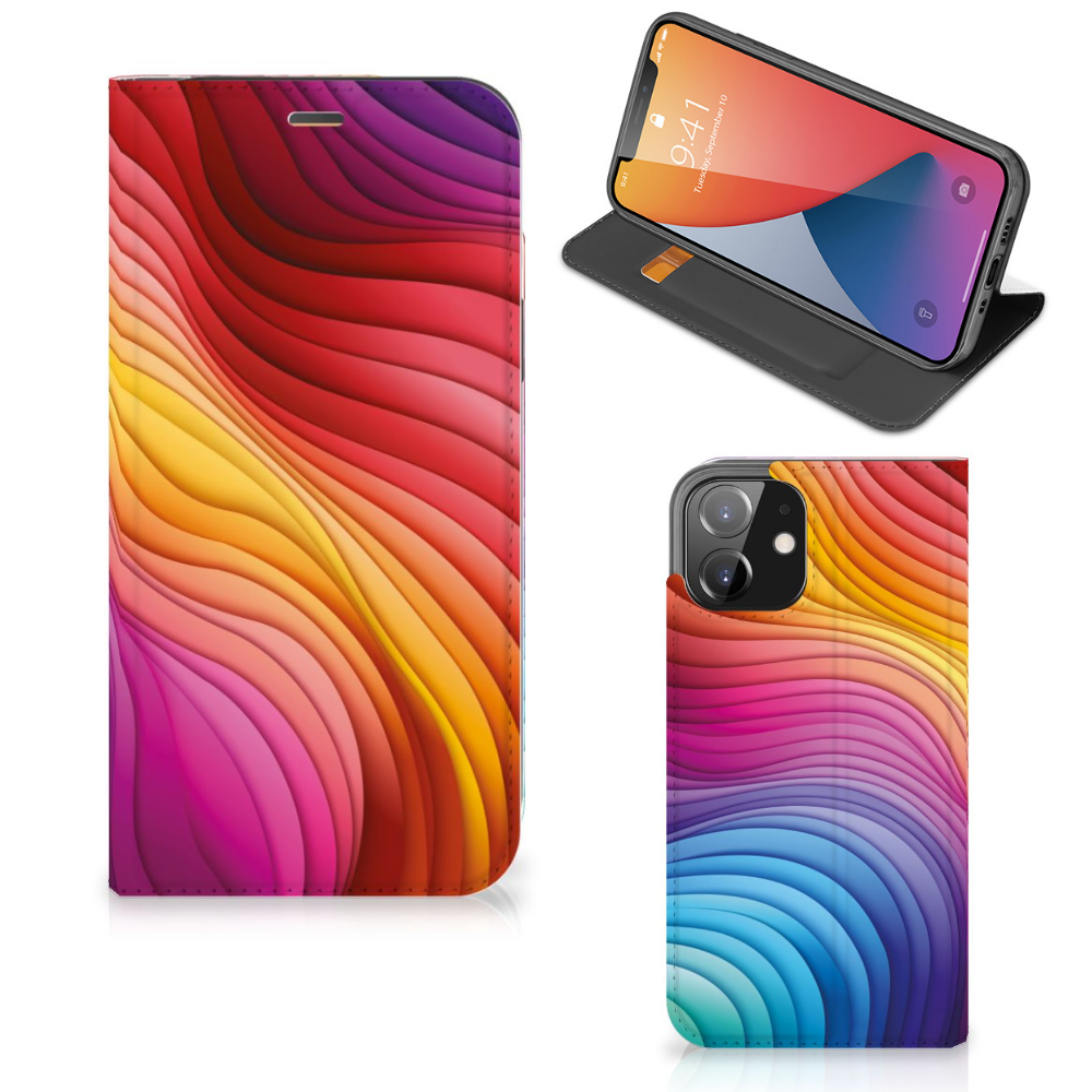 Stand Case voor iPhone 12 | iPhone 12 Pro Regenboog met kleurrijk golfpatroon đ.