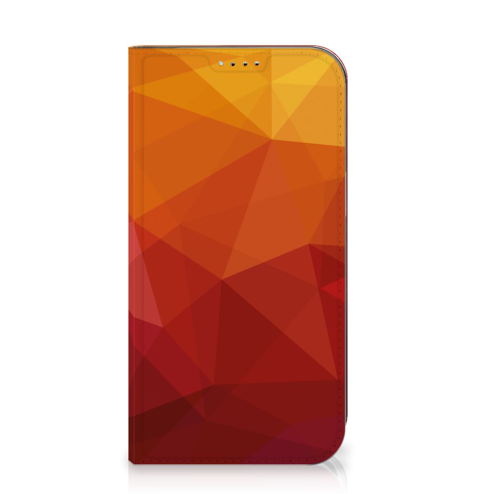 Stand Case voor iPhone 15 Polygon Red met abstracte oranje en rode polygonale vormen.