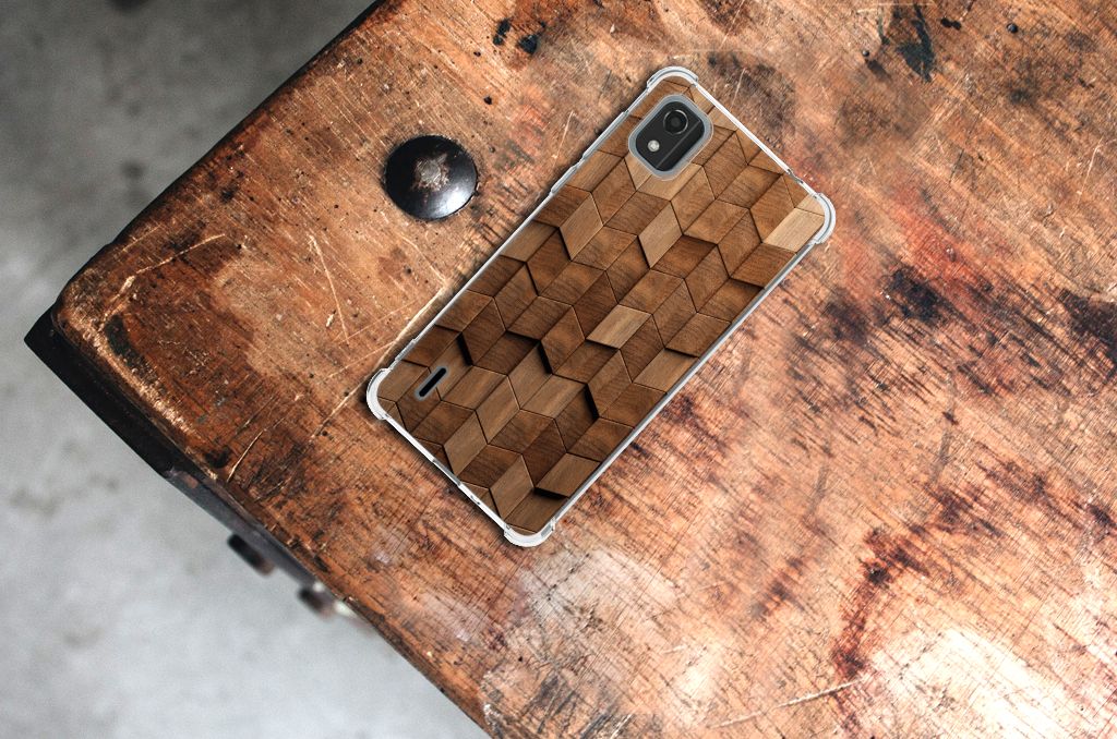 Nokia C2 2nd Edition Stevig Telefoonhoesje Wooden Cubes bovenaanzicht