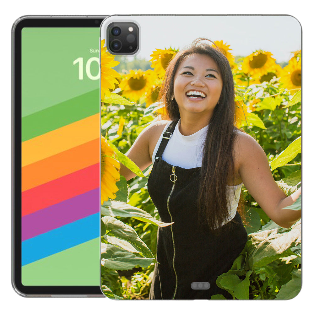 TPU Back Cover Hoesje Maken iPad Pro 11 (2024) met vrolijke vrouw in zonnebloemveld.