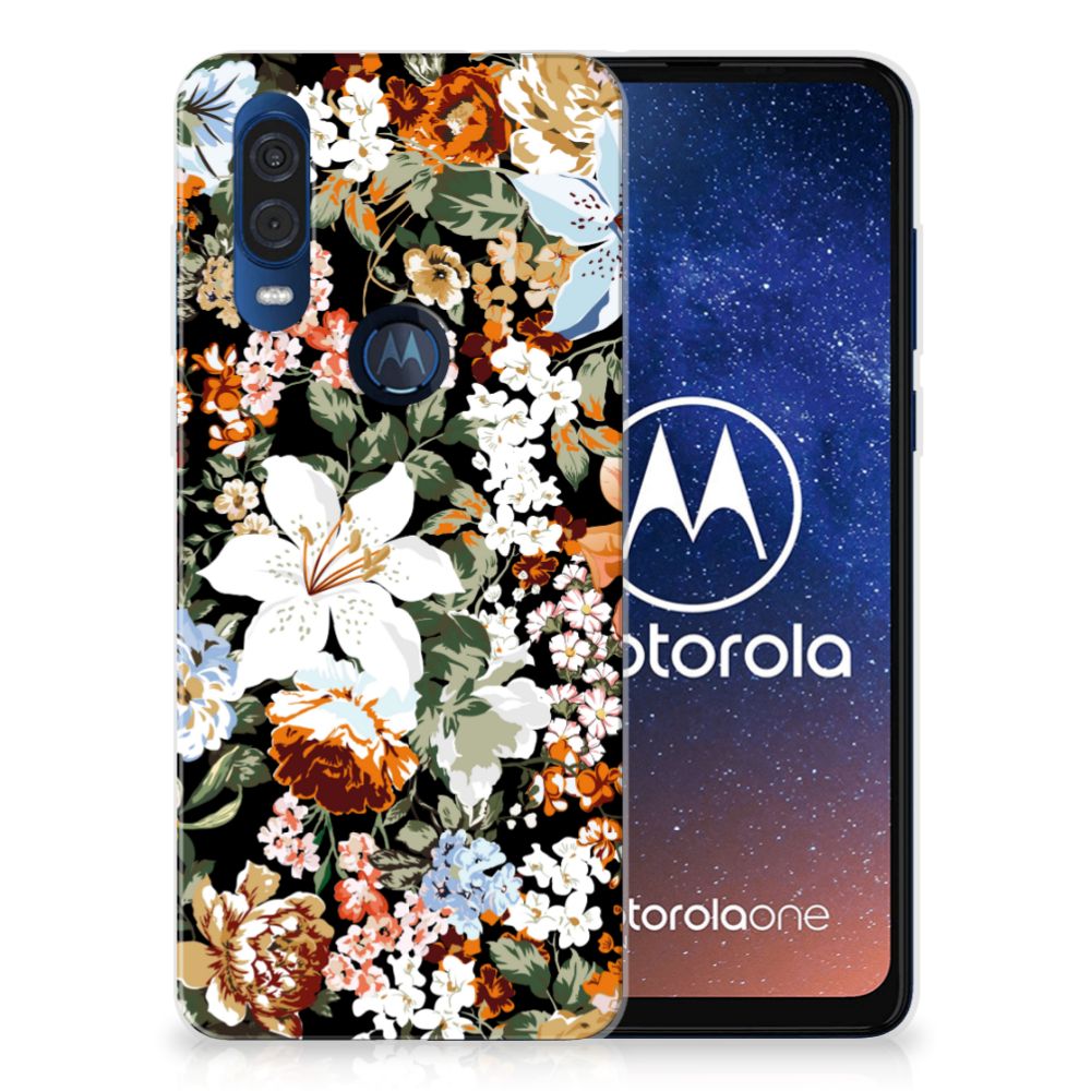Motorola One Vision TPU Case Dark Flowers achterzijde