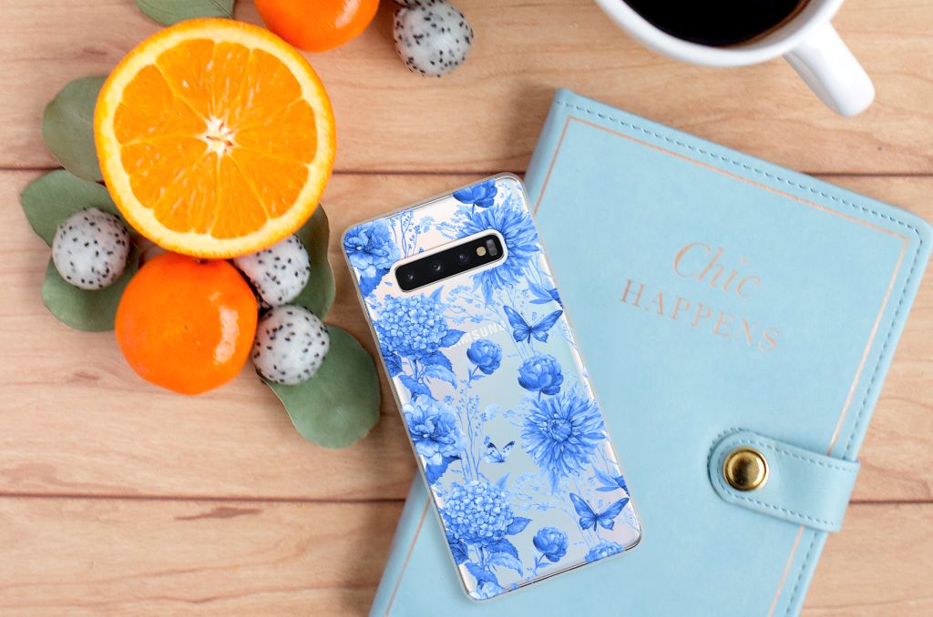 Samsung Galaxy S10 Plus TPU Case Flowers Blue bovenaanzicht