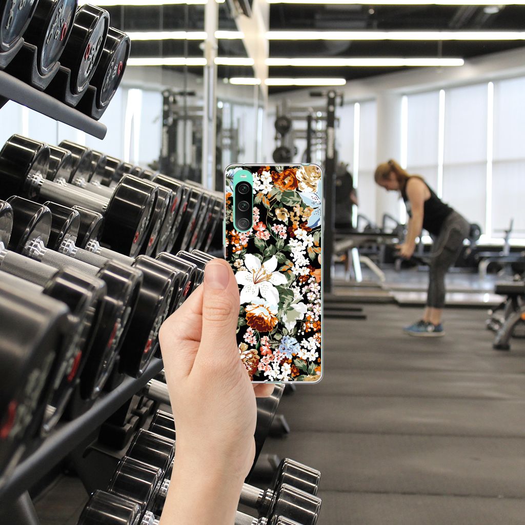 Sony Xperia 10 V TPU Case Dark Flowers hand gym achtergrond