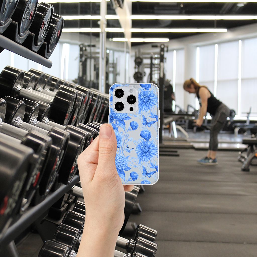 TPU Case voor iPhone 15 Pro Flowers Blue bloemen design hand in sportschool