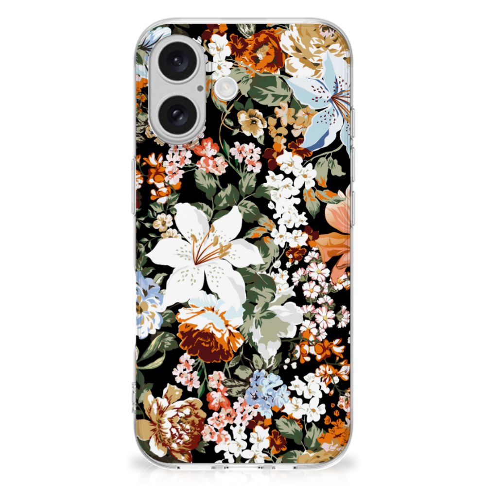 TPU Case voor iPhone 16 Dark Flowers bloemen design achterkant