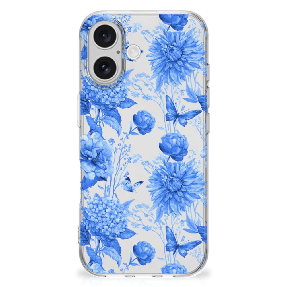 TPU Case voor iPhone 16 Flowers Blue bloemen blauw design achterkant