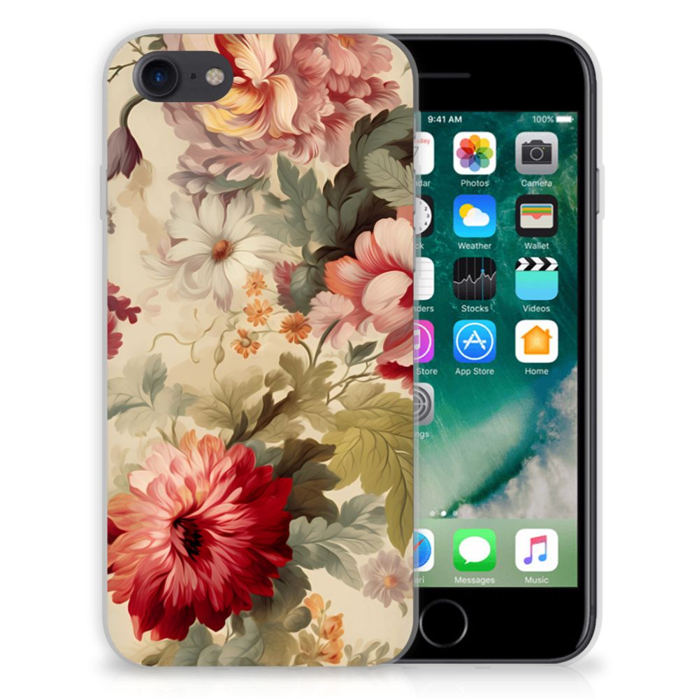 TPU Case voor iPhone SE 2022 | SE 2020 | 8 | 7 Bloemen met een prachtig bloemen design en een iPhone op de achtergrond.