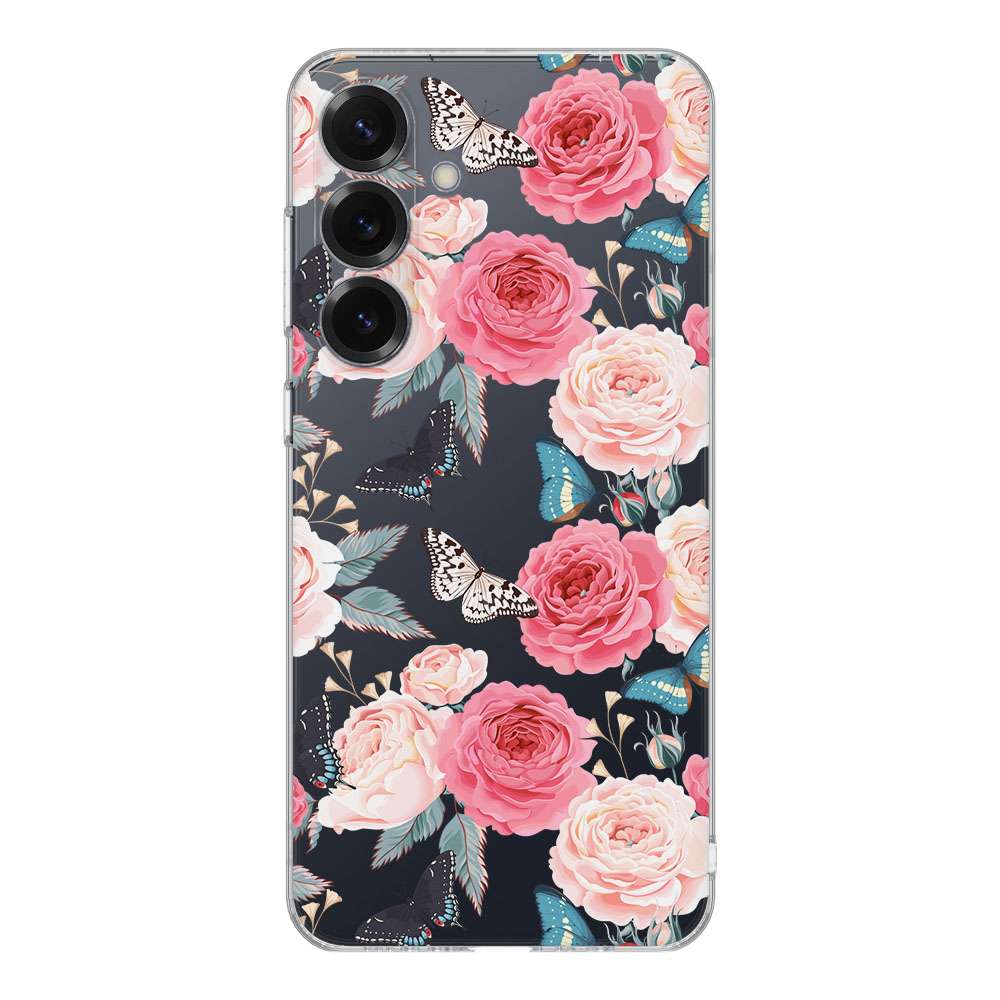 Samsung Galaxy S25 TPU Hoesje Butterfly Roses achterzijde