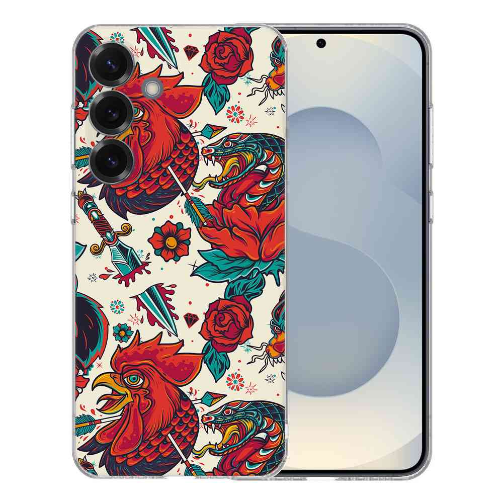 Samsung Galaxy S25 TPU Hoesje Old Skool Backcover kleurrijk ontwerp met rozen en dieren
