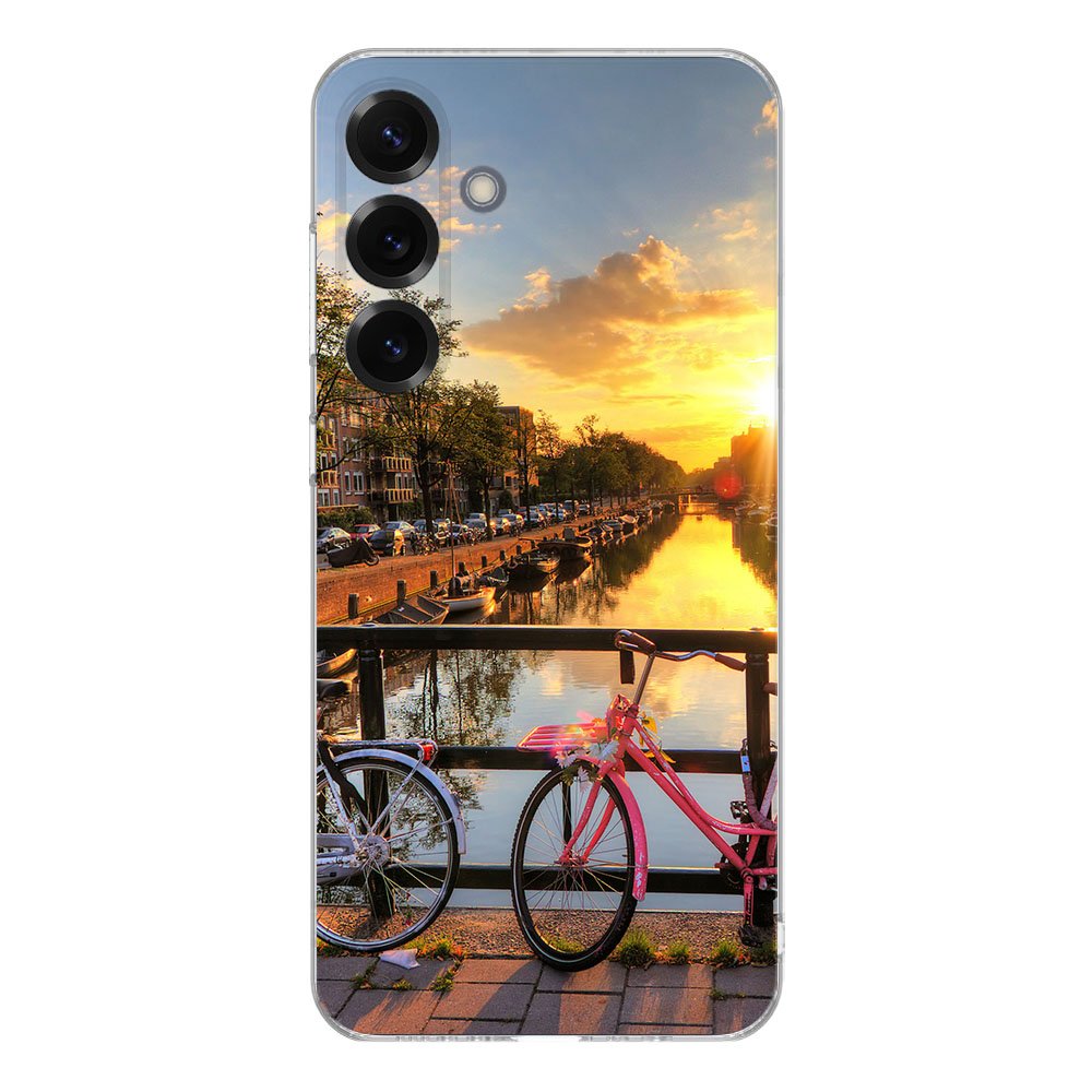 TPU Hoesje Samsung Galaxy S25 Plus Amsterdamse Grachten Backcover fietsen zonsondergang water