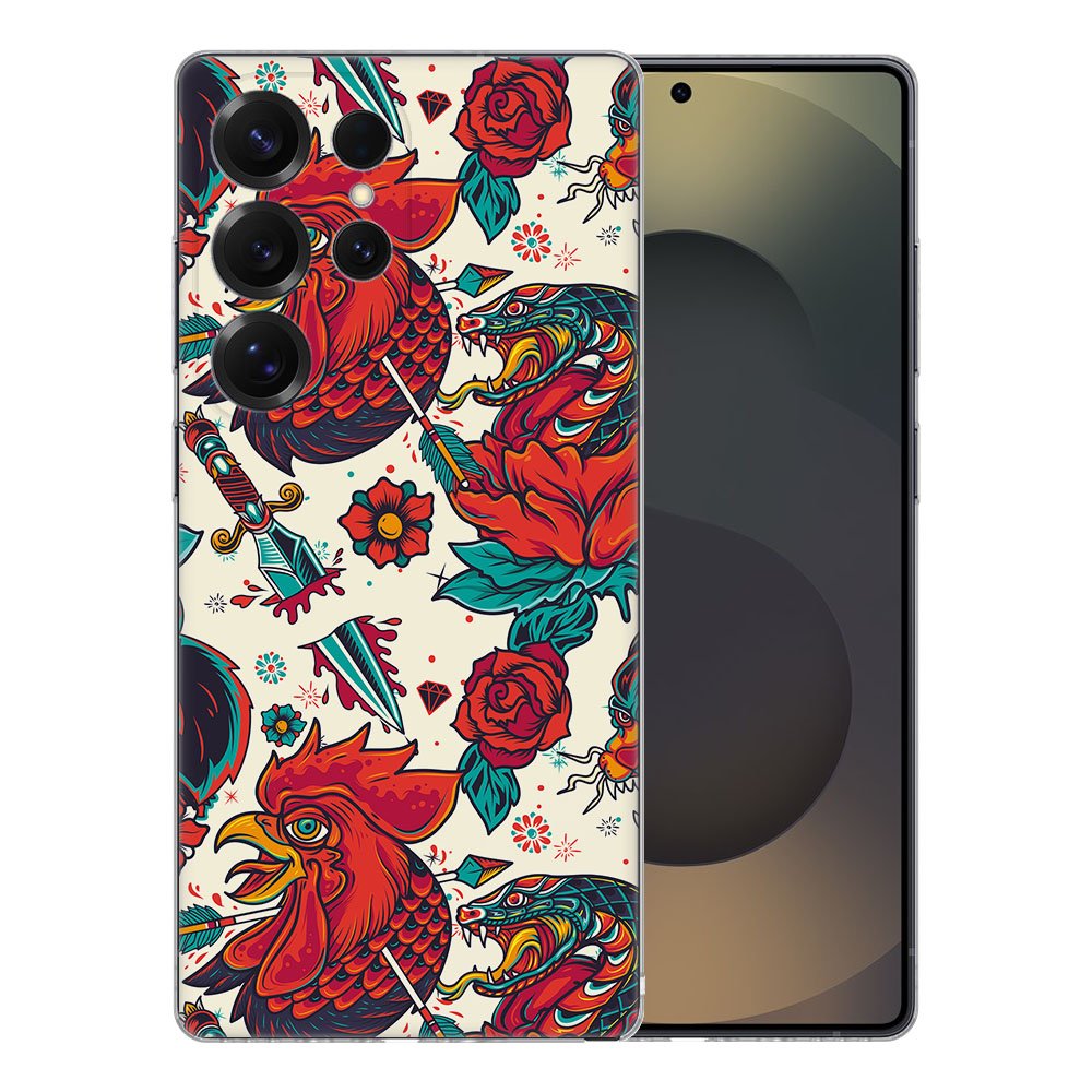 Samsung Galaxy S25 Ultra TPU Hoesje Old Skool Backcover met kleurrijk tattoo ontwerp voorkant
