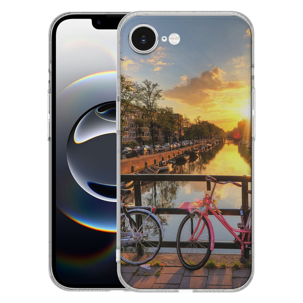 TPU Hoesje iPhone 16e Amsterdamse Grachten Backcover fiets grachtenzonsondergang