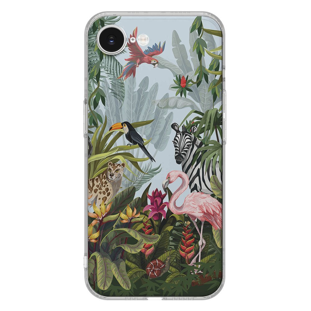 Apple iPhone 16e TPU Hoesje Jungle Backcover achterzijde met jungle design dieren en planten