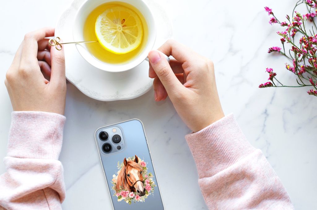 TPU Hoesje voor Apple iPhone 13 Pro Paard met bloemen en een gouden theelepel đ