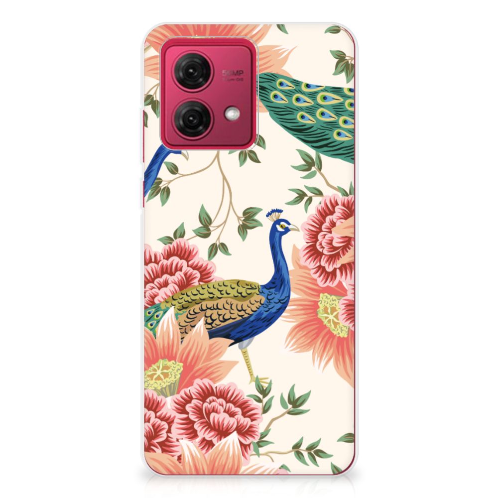 TPU Hoesje voor Motorola Moto G84 Pink Peacock met kleurrijke pauw en bloemen, ideaal als cadeau đ voor stijl en bescherming.