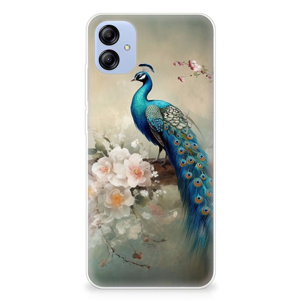 TPU Hoesje voor Samsung Galaxy A04e Vintage Pauwen pauw bloemen design zijaanzicht