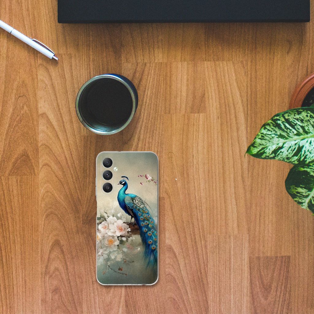 Samsung Galaxy A05S TPU Hoesje Vintage Pauwen bovenaanzicht