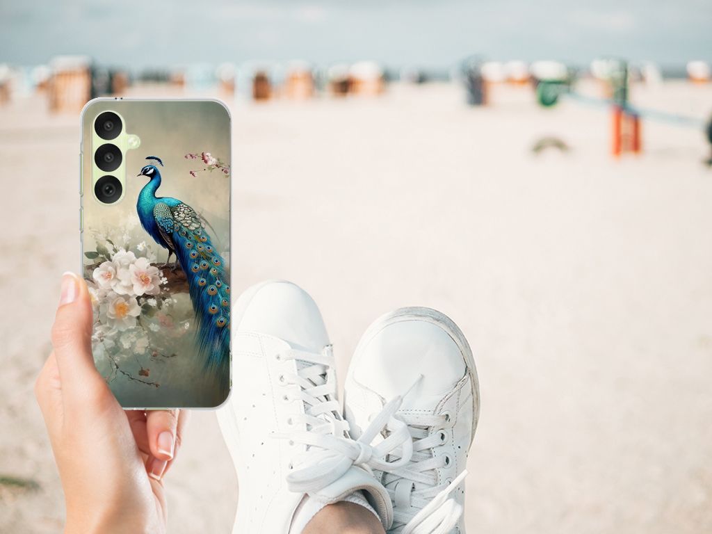 TPU Hoesje voor Samsung Galaxy A35 Vintage Pauwen hand met hoesje strand