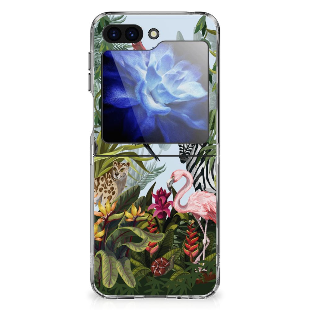 Samsung Galaxy Z Flip 6 TPU Hoesje Jungle achterkant met bloemen flamingo dieren en bladeren