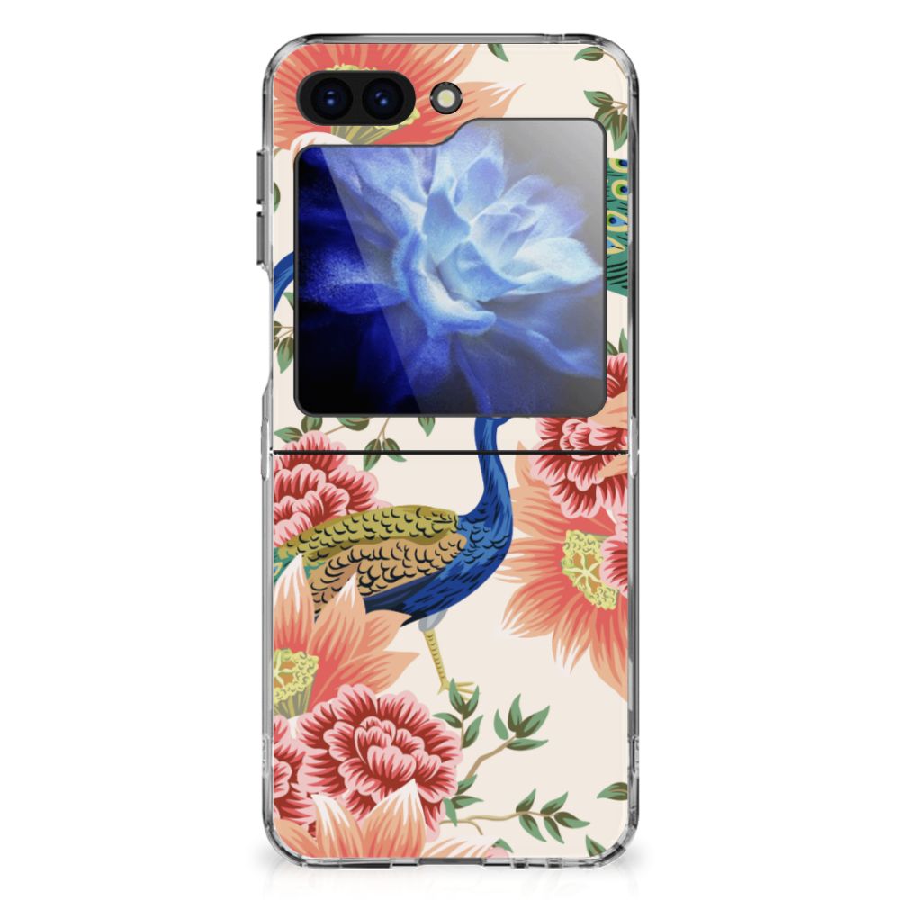 Samsung Galaxy Z Flip 6 TPU Hoesje Pink Peacock achterkant met pauwen en bloemen