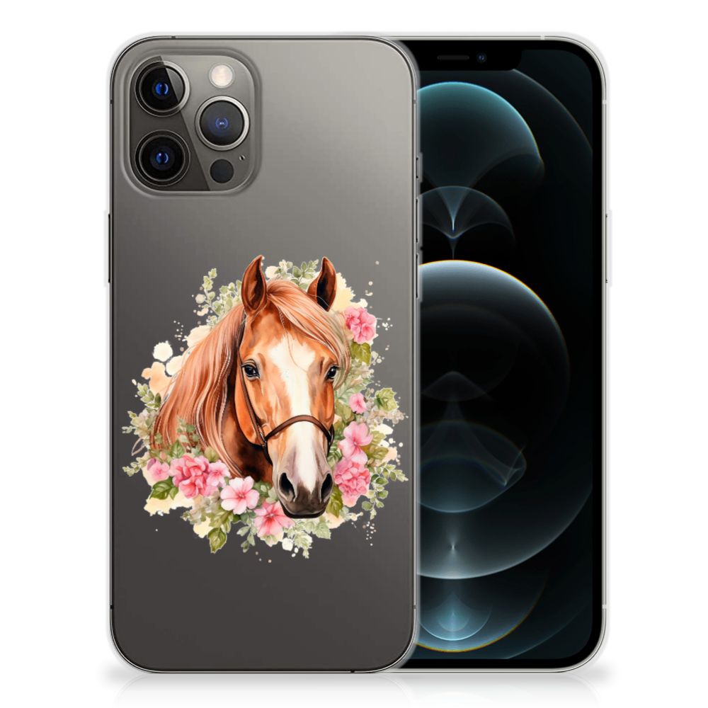 TPU Hoesje voor iPhone 12 Pro Max Paard met een paardenafbeelding en bloemen omranding 🌼.