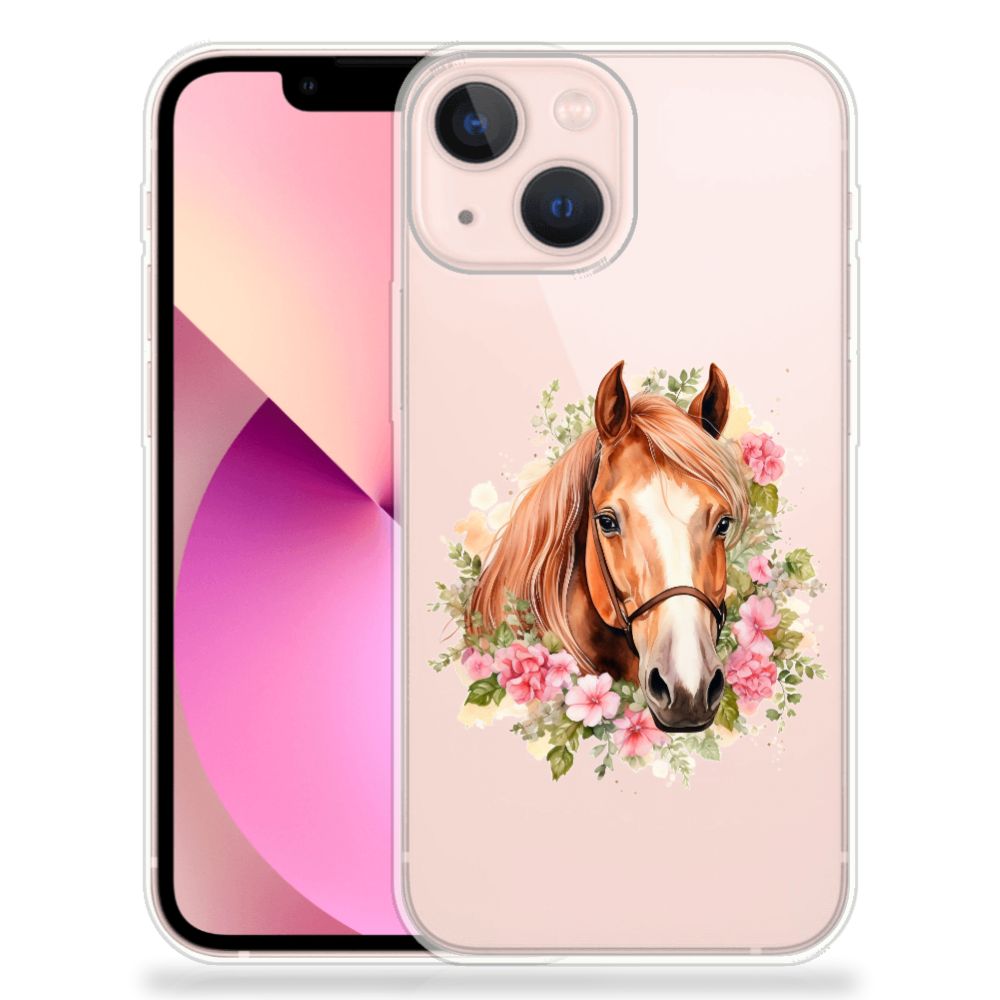 TPU Hoesje voor iPhone 13 mini Paard met een mooie afbeelding van een paard en bloemen đ¸.